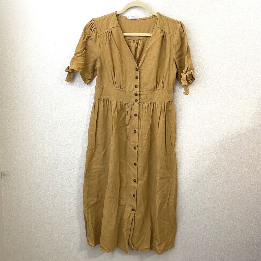 Rebellion Again Dress Womens Large Mustard Linen Blend